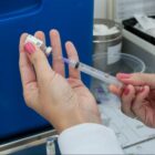Mão de mulher manipula vacina da dengue, com seringa e frasco, para ser aplicada