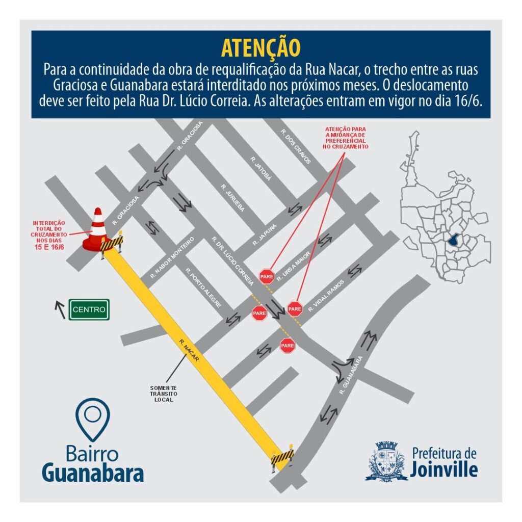 Mapa com a alteração no trânsito na região da Rua Nacar
